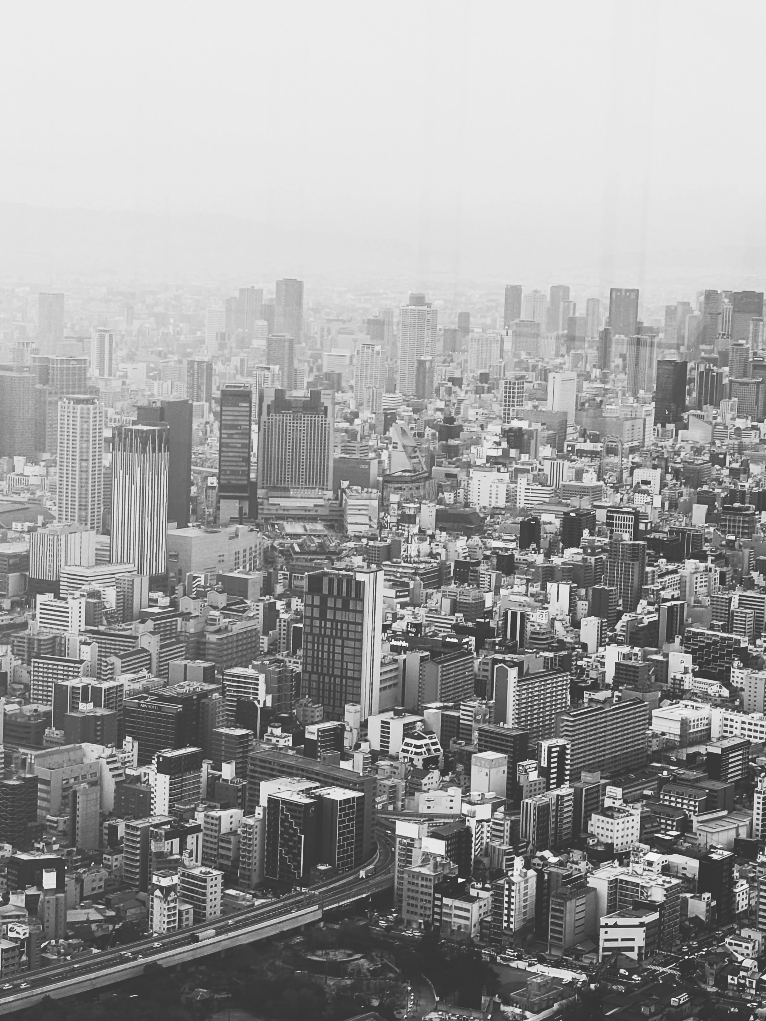 Osaka Skyline black and white. Osaka, Japan.