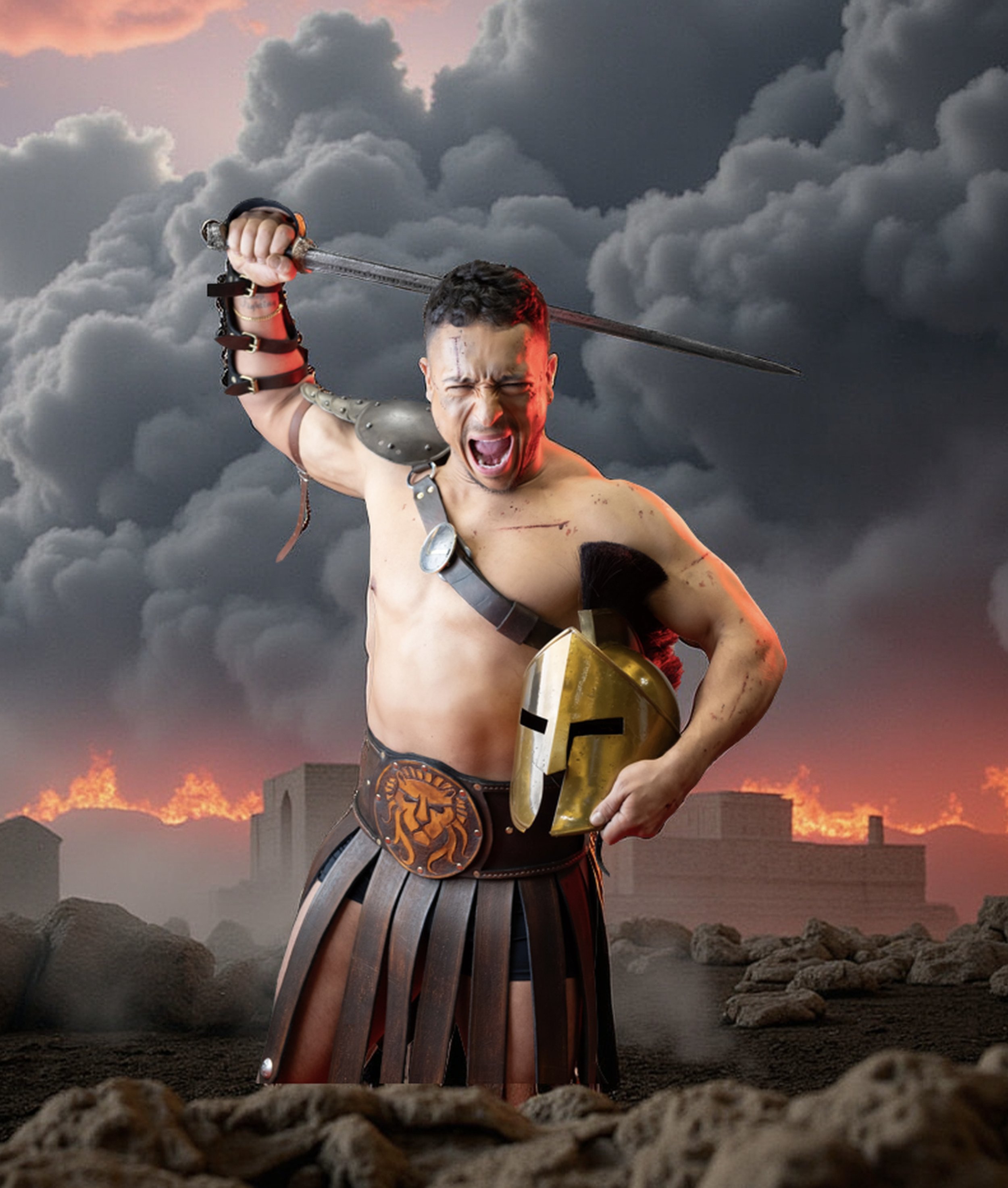 A muscular man dressed as a gladiator, holding a sword above his head and shouting, with a warrior helmet in his other hand, in a battlefield with dark clouds and a fiery background.