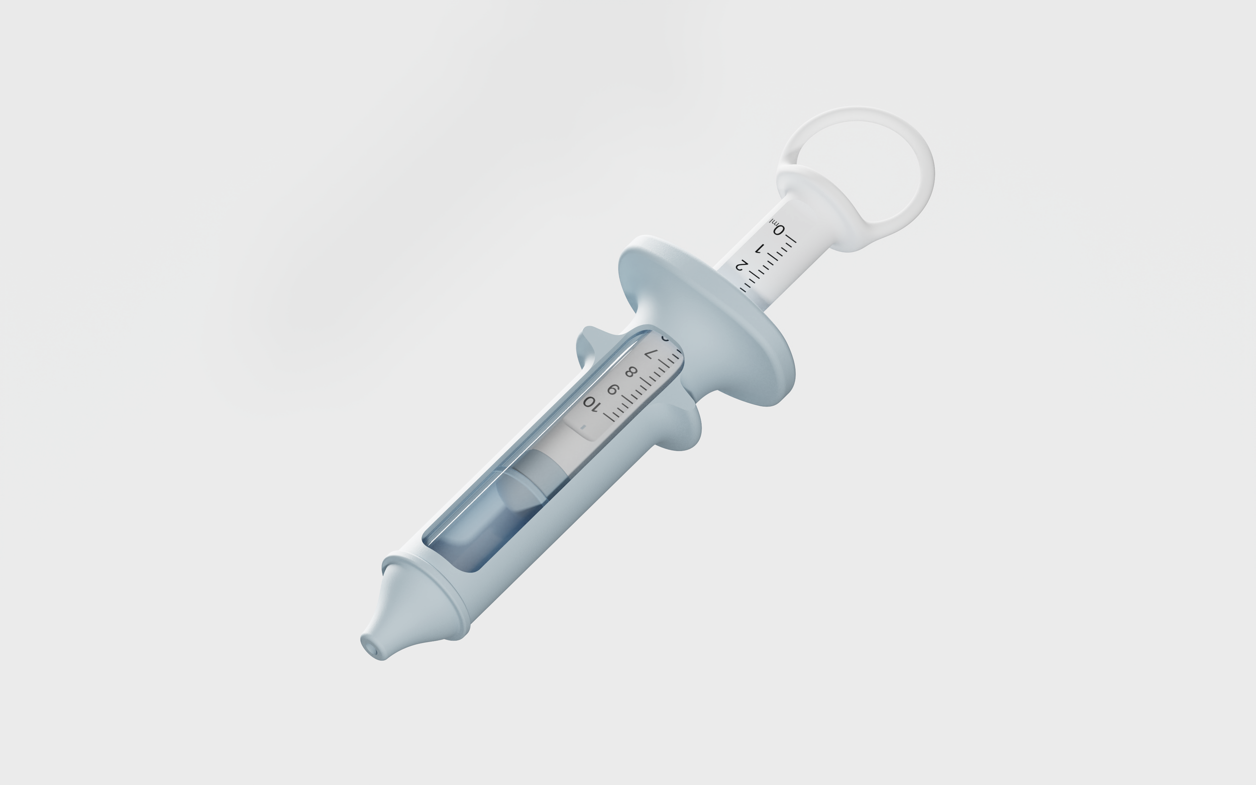 A medical syringe with a transparent barrel, a white plunger, and a blue silicone sleeve against a plain light background.