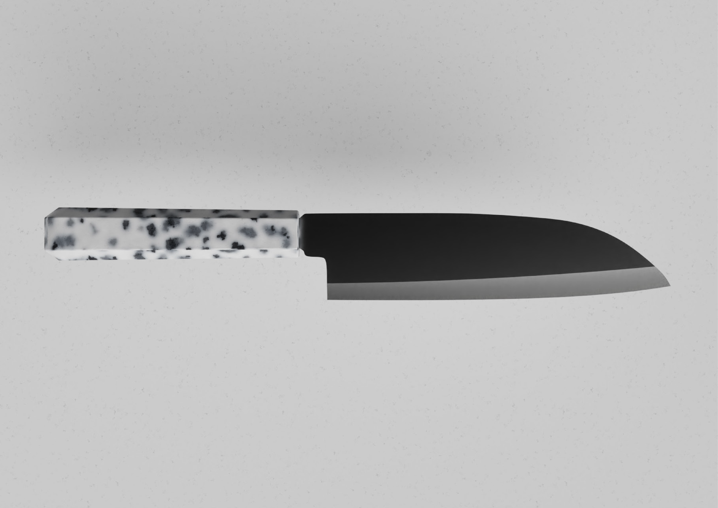 A black and white kitchen knife with a hand crafted japanese blade and a handle made from recycled plastic and a smooth, curved blade against a light gray background.