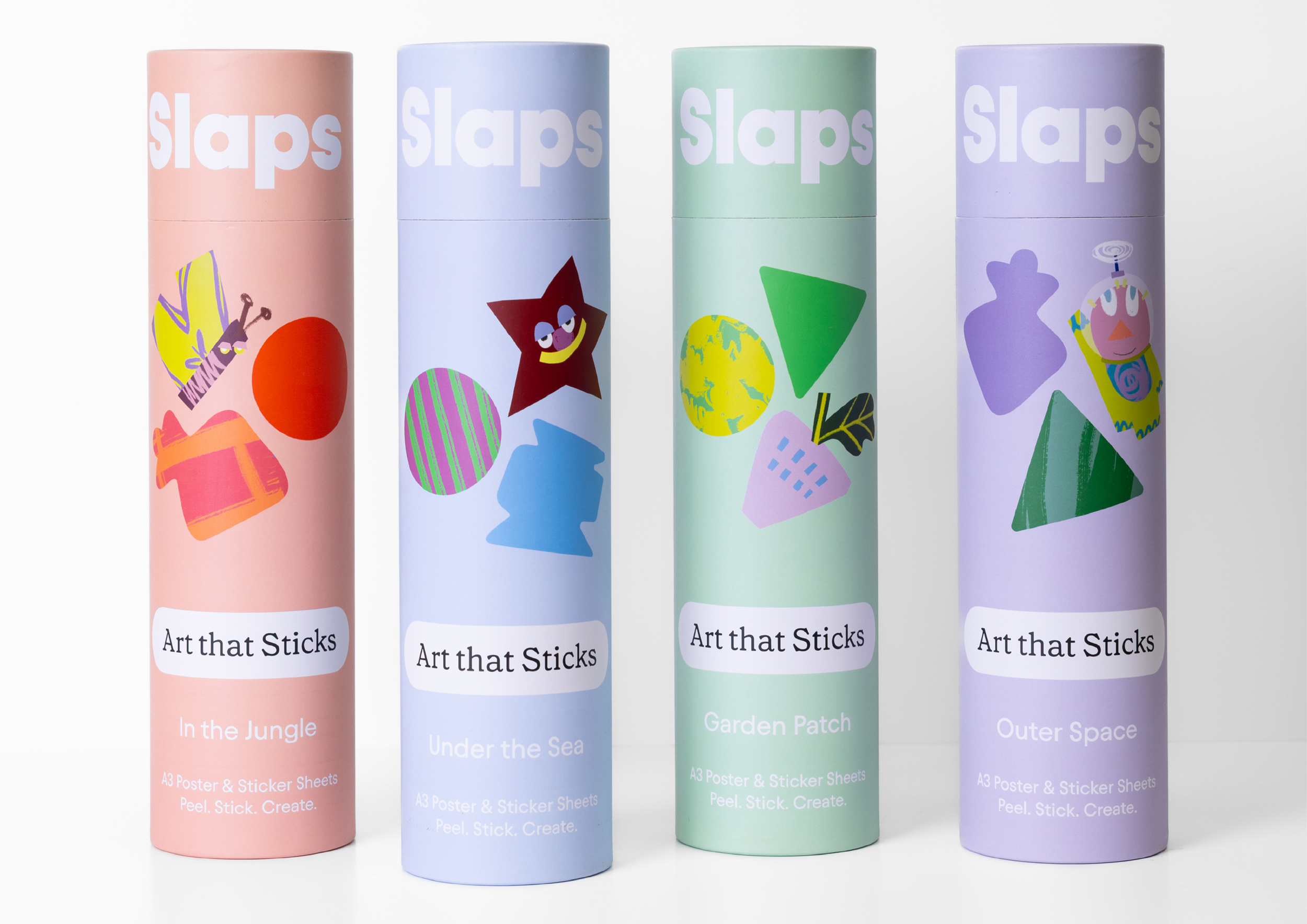 Four colorful cylindrical containers with artistic stickers on each, labeled 'Art that Sticks,' themed as Jungle, Under the Sea, Garden Patch, and Outer Space.