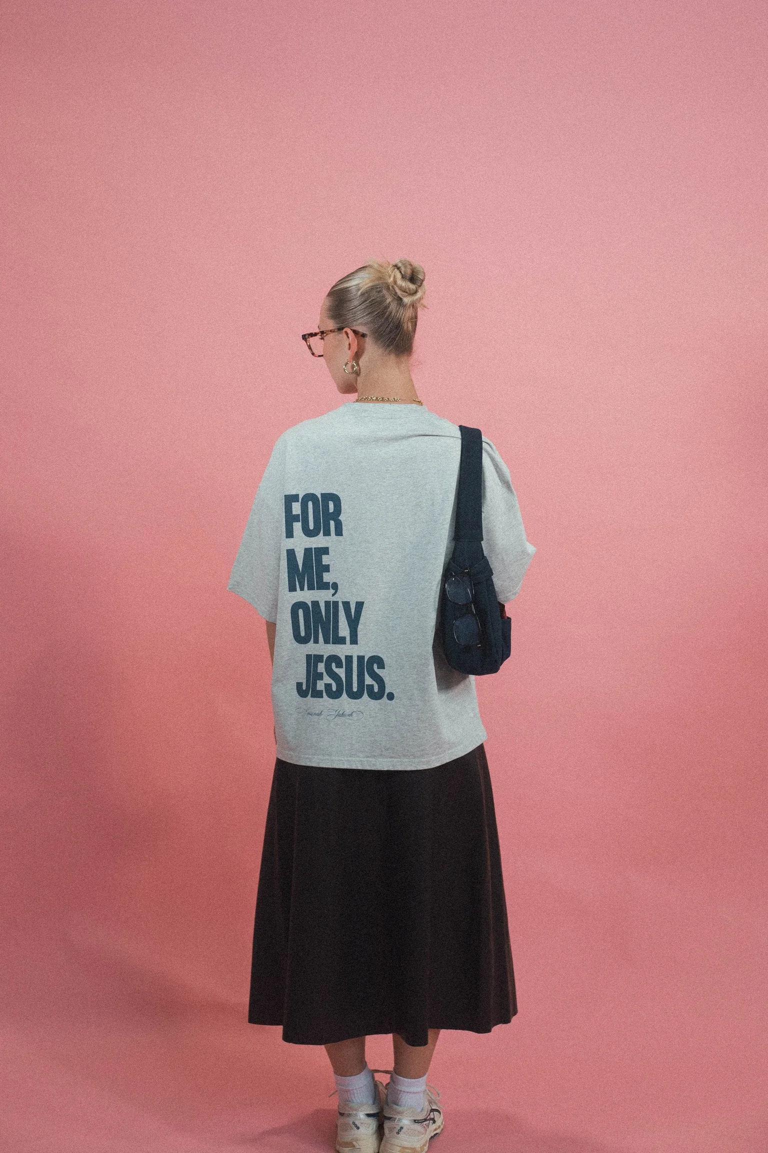 Model wearing the For Me Only Jesus Christian streetwear tee by Emunah Yahweh