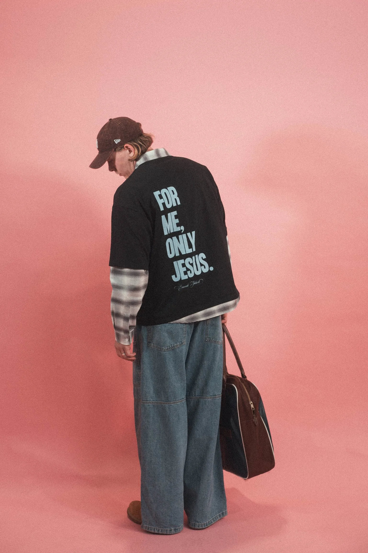 Model wearing the For Me Only Jesus Christian streetwear tee by Emunah Yahweh