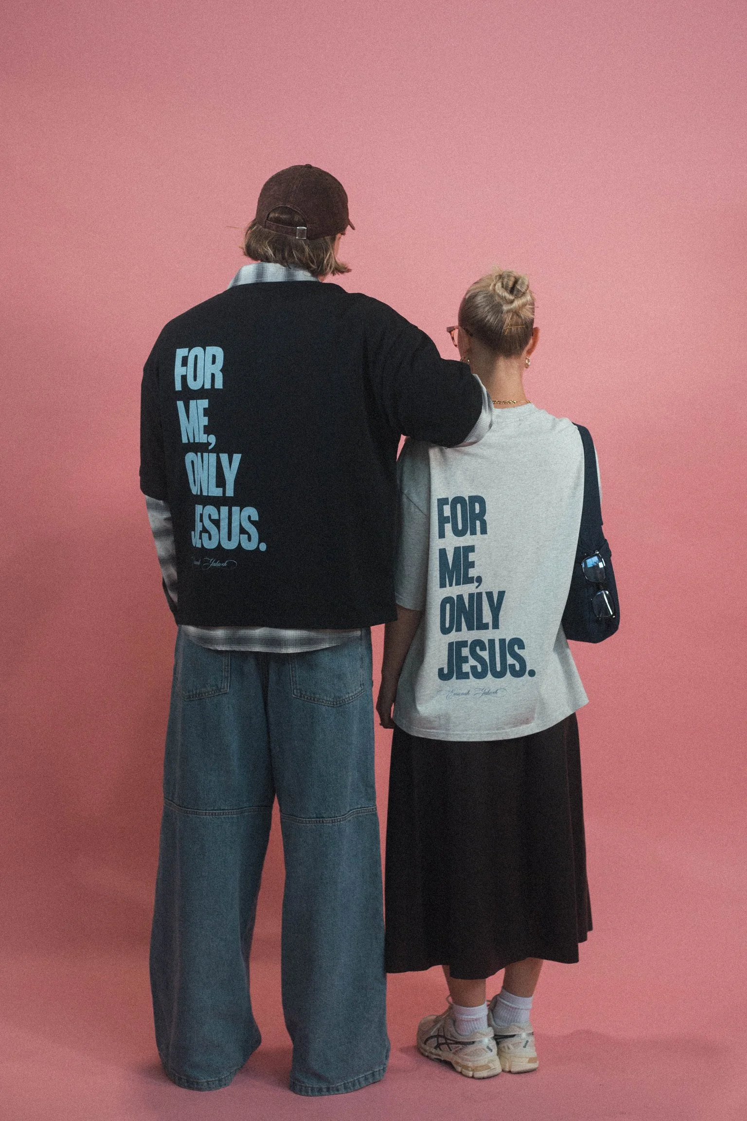 Model wearing the For Me Only Jesus Christian streetwear tee by Emunah Yahweh