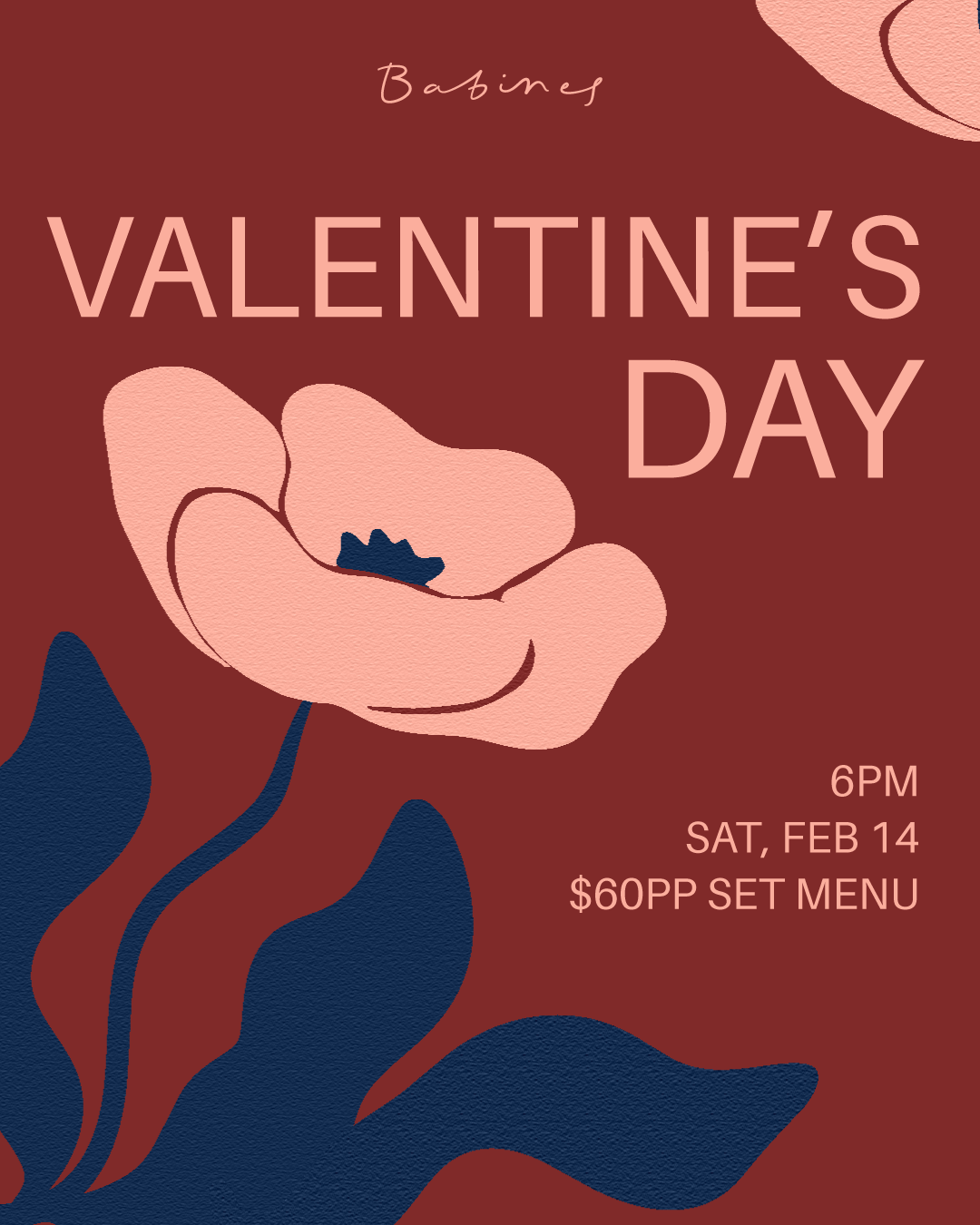 Event poster for a Valentine's Day celebration featuring a pink flower with dark blue details on a red background, with text details for the event date, time, and pricing.