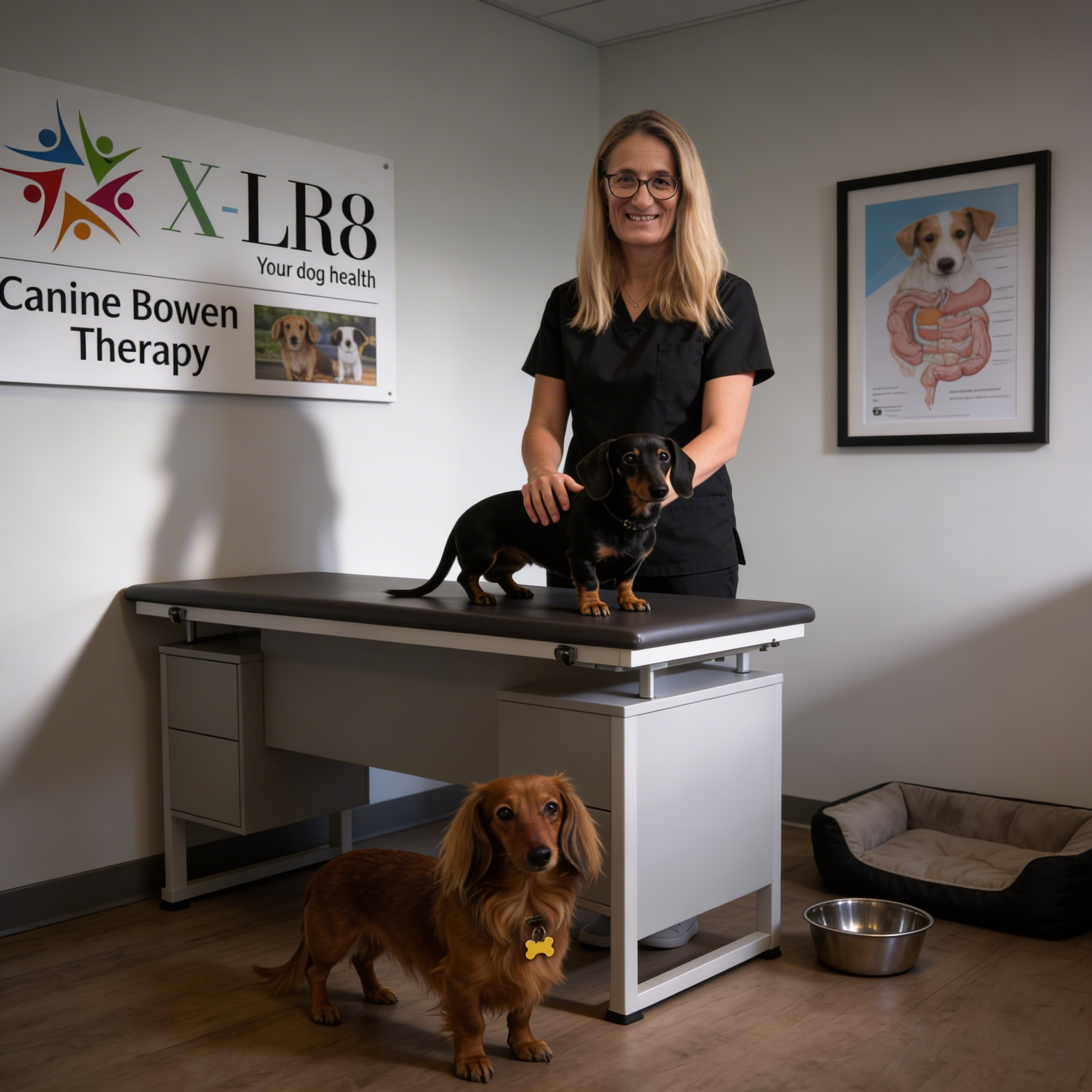 A woman in black scrubs standing in a veterinary clinic with two dogs, one on the counter and one standing on the floor, near an X-ray sign and a framed picture of a dog with a diagram of the digestive system.
