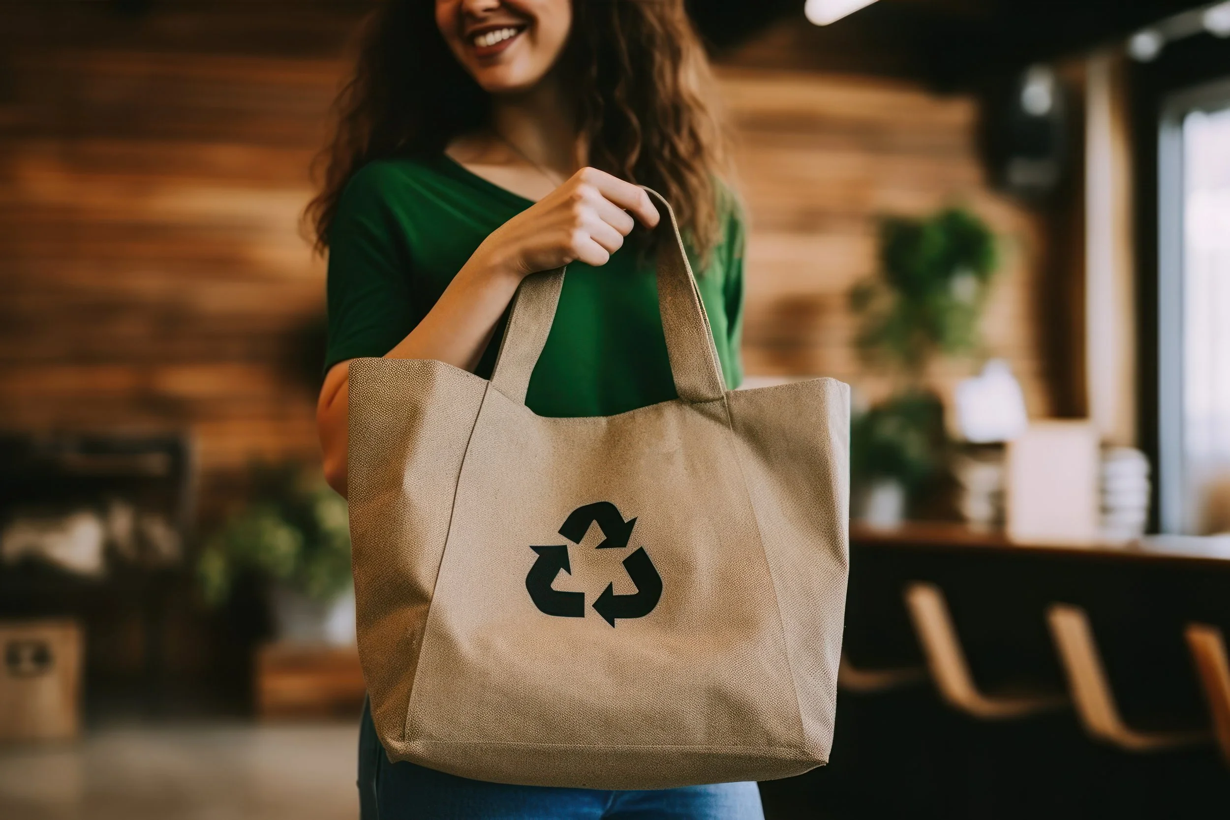 A woman in a green shirt holding a beige reusable tote bag with a black recycling symbol printed on it inside a modern cafe or restaurant.