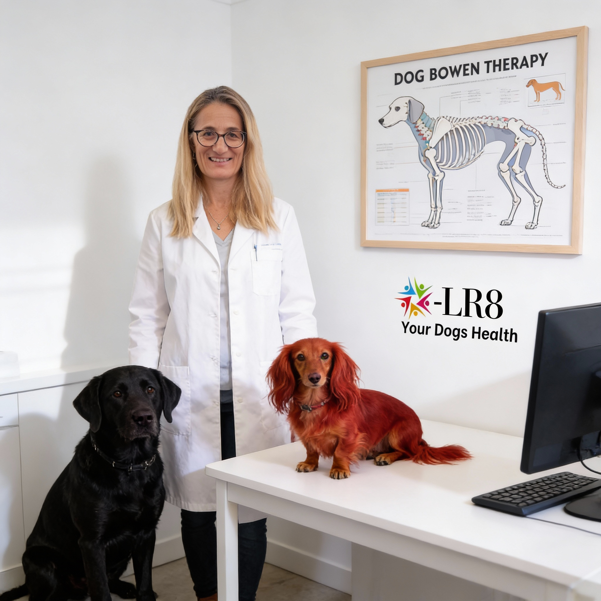 A woman in a white lab coat and glasses standing in an office or clinical setting, smiling. In front of her are three dogs of different breeds and colors, sitting on the table. Behind her is a poster about dog health and an employee ID board.