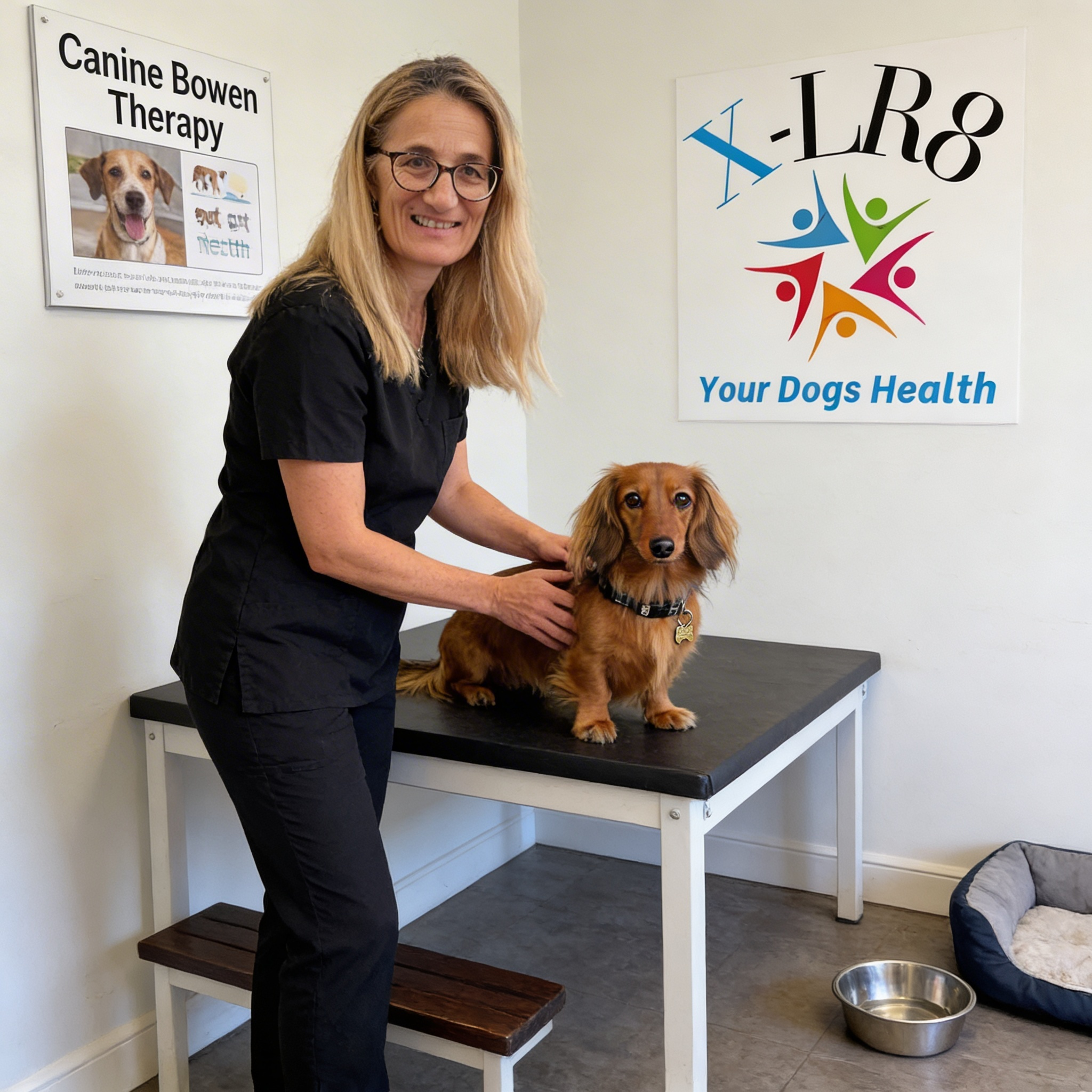A woman with blonde hair and glasses standing next to a brown long-haired dog on a grooming table in a veterinary or pet care facility. There are service signs and a dog bed in the background.