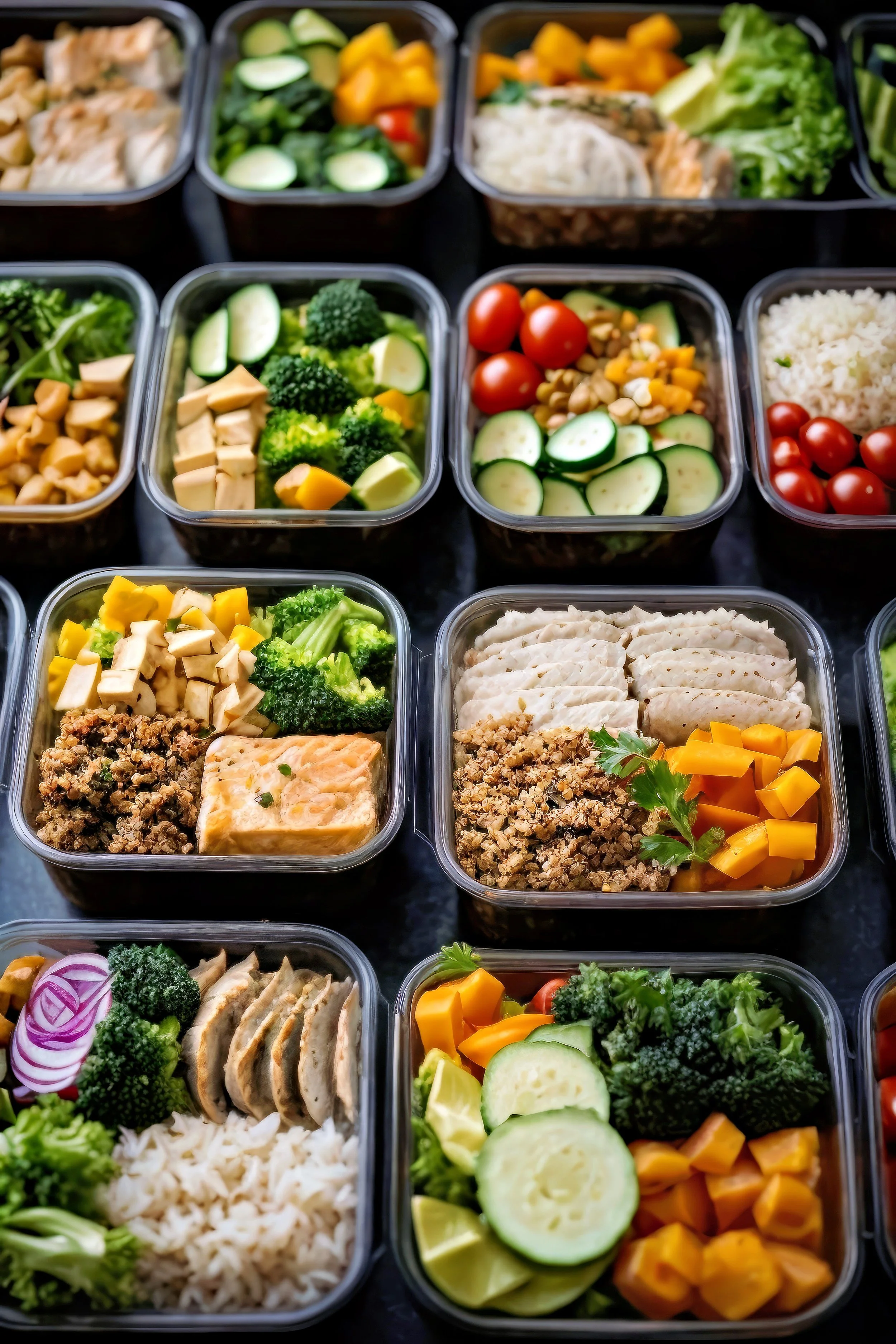 Assorted meal prep containers filled with grilled chicken, turkey, rice, cooked vegetables like broccoli, zucchini, cherry tomatoes, chopped yellow bell peppers, cucumbers, and leafy greens.