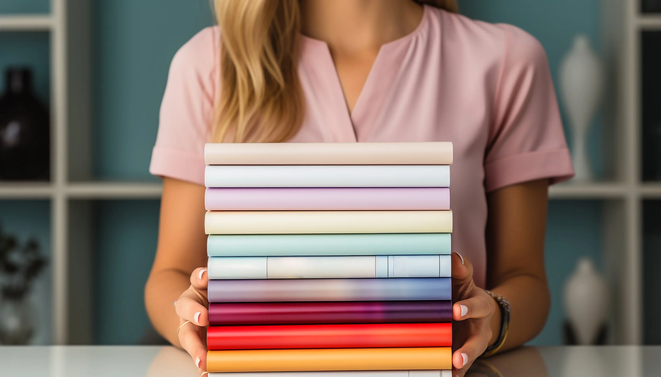 A person holding a stack of books with pastel-colored covers in a room with shelving and decorative vases in the background.