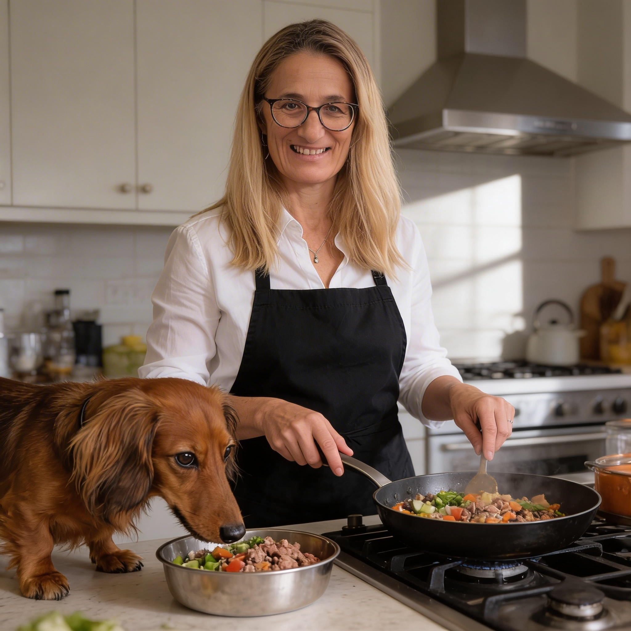 Woman with glasses and blonde hair cooking at stove with a dog nearby, pots of food and a bowl of raw food on the kitchen counter.