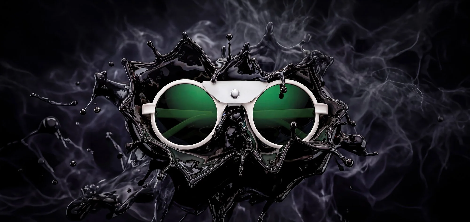 Green sunglasses on black liquid background.