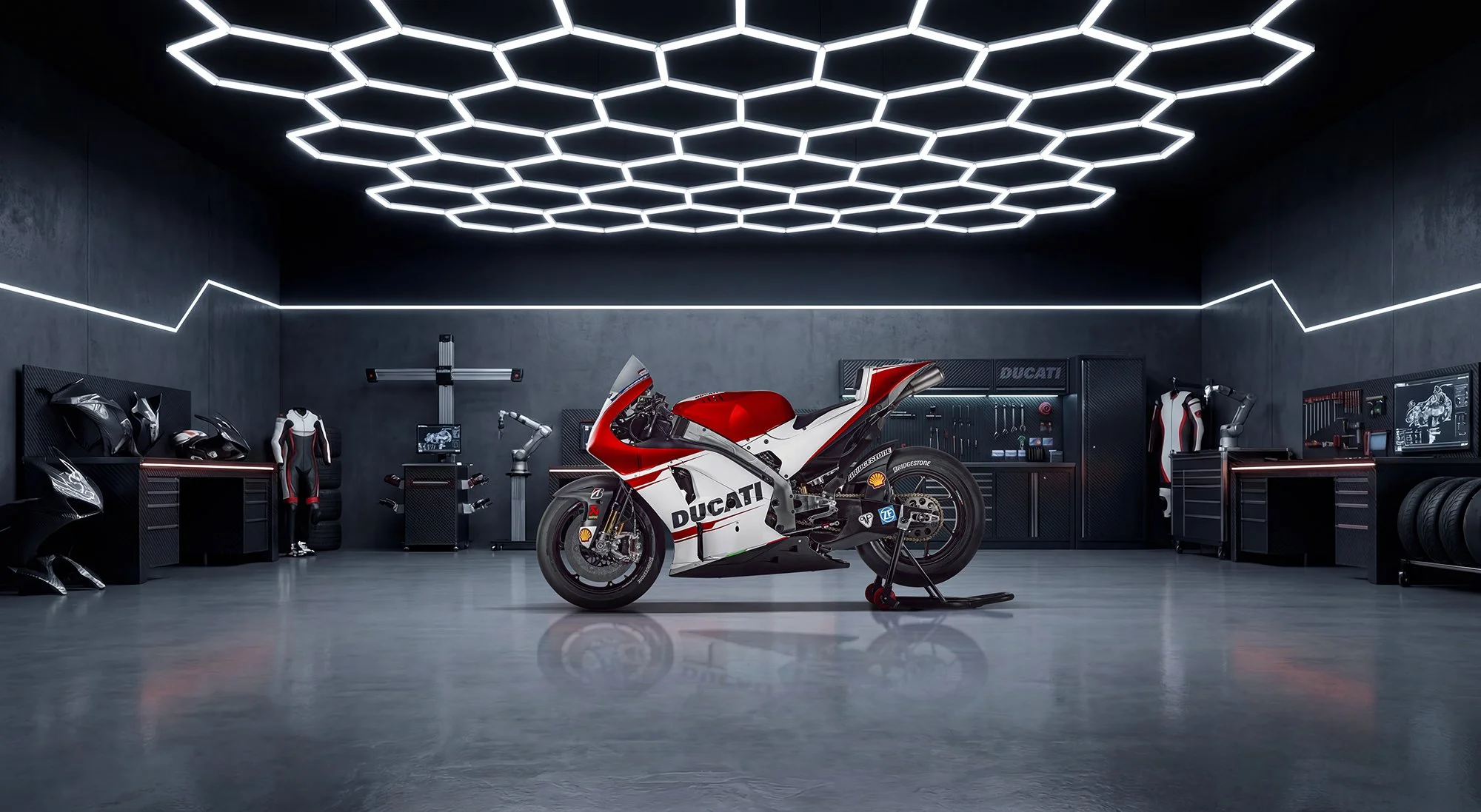 Ducati motorbike in racing garage.