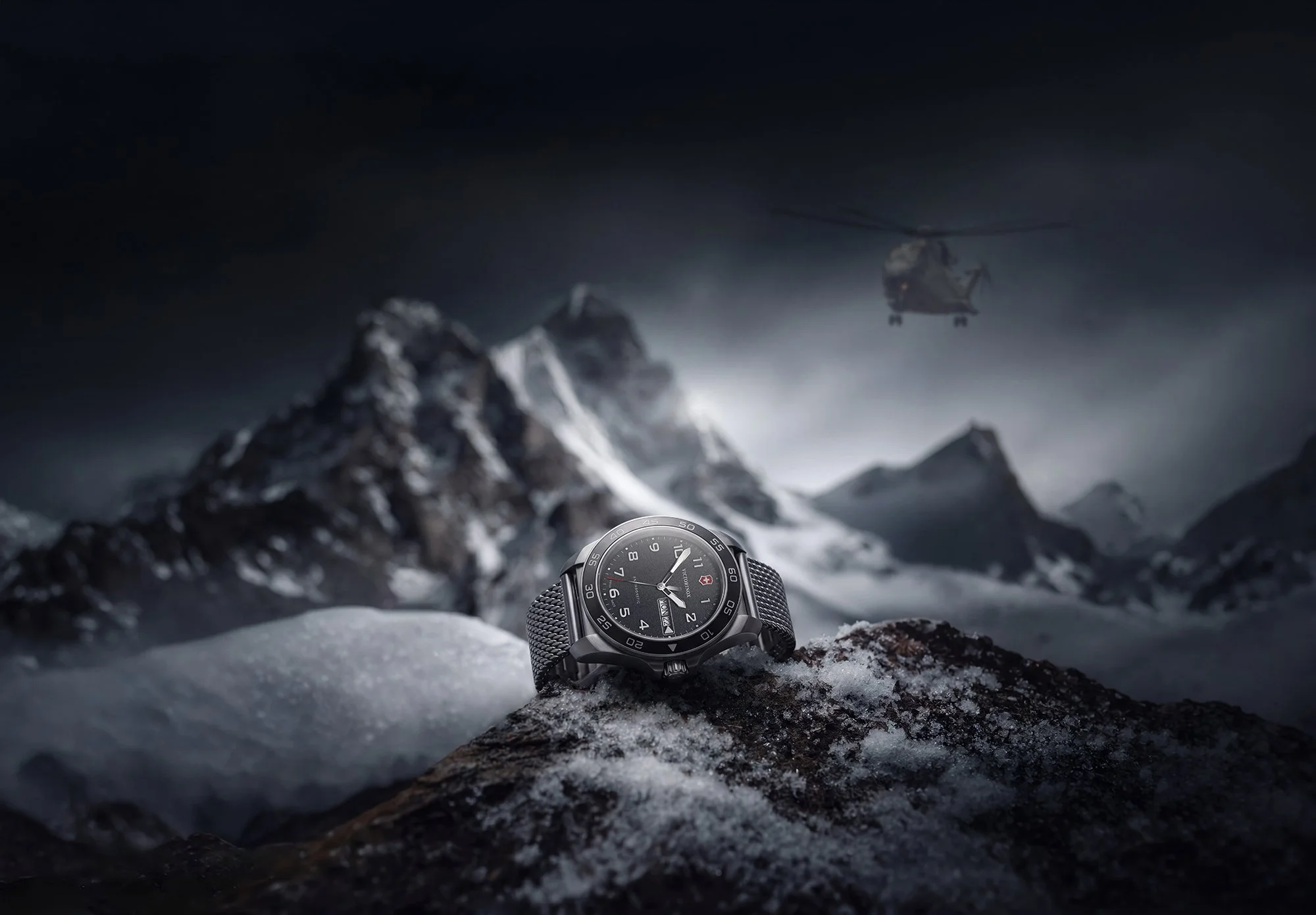Watch on snowy mountain ridge