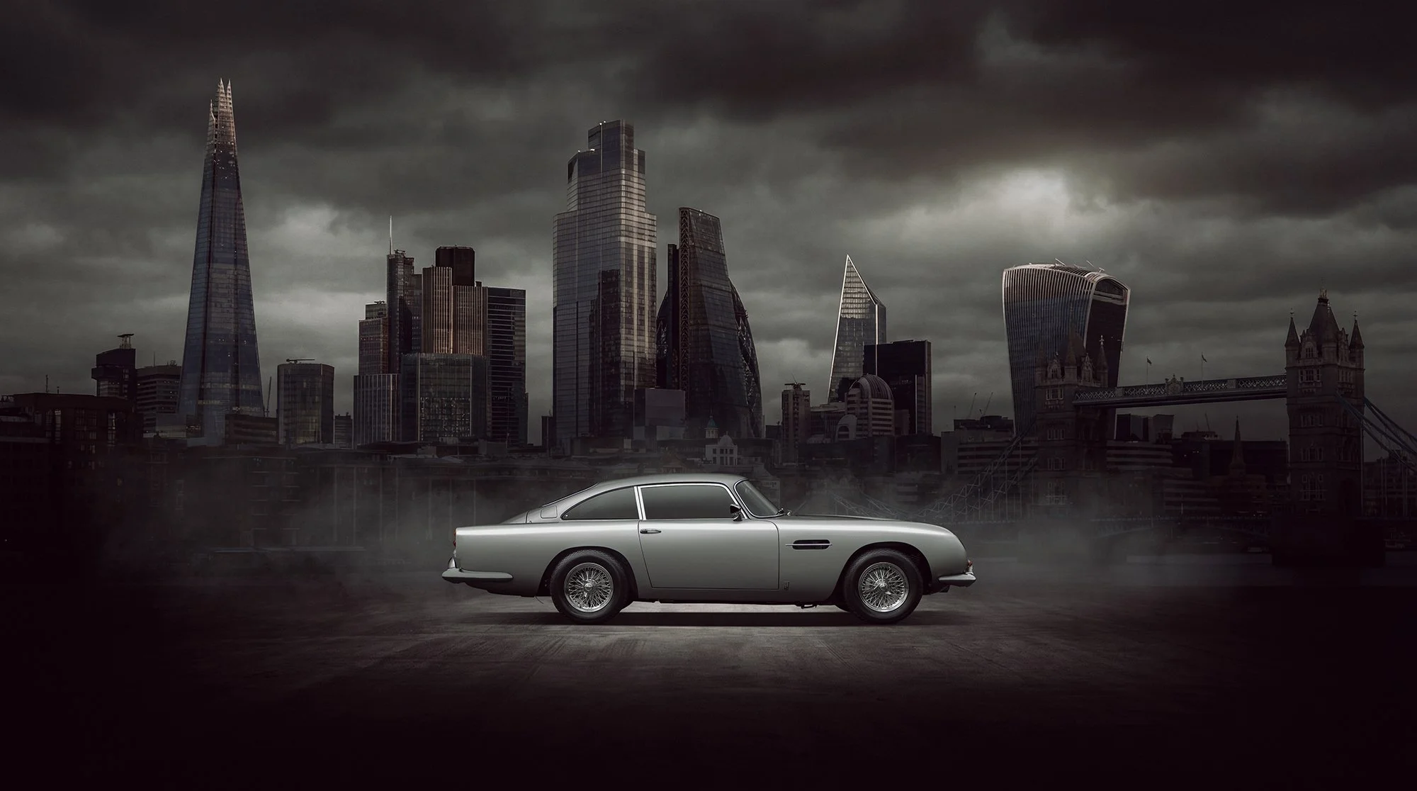 Aston Martin DB5 with London City backdrop