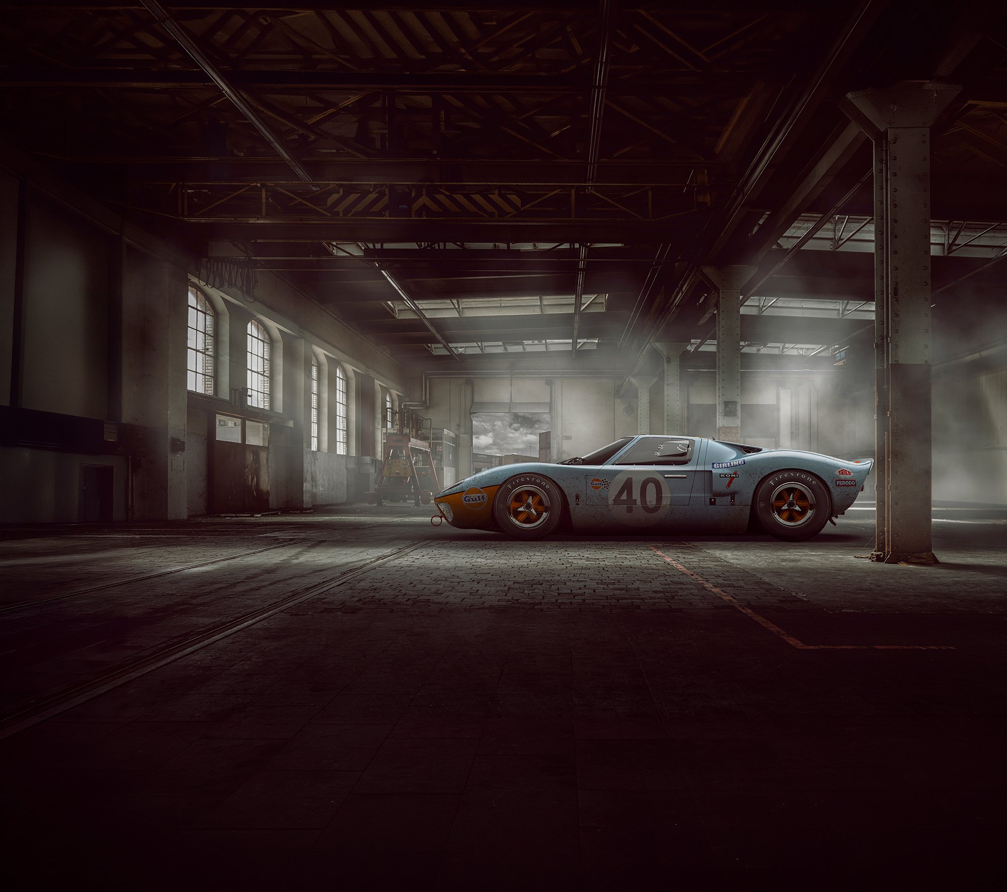 Classic Ford GT40 in old warehouse, car photography.