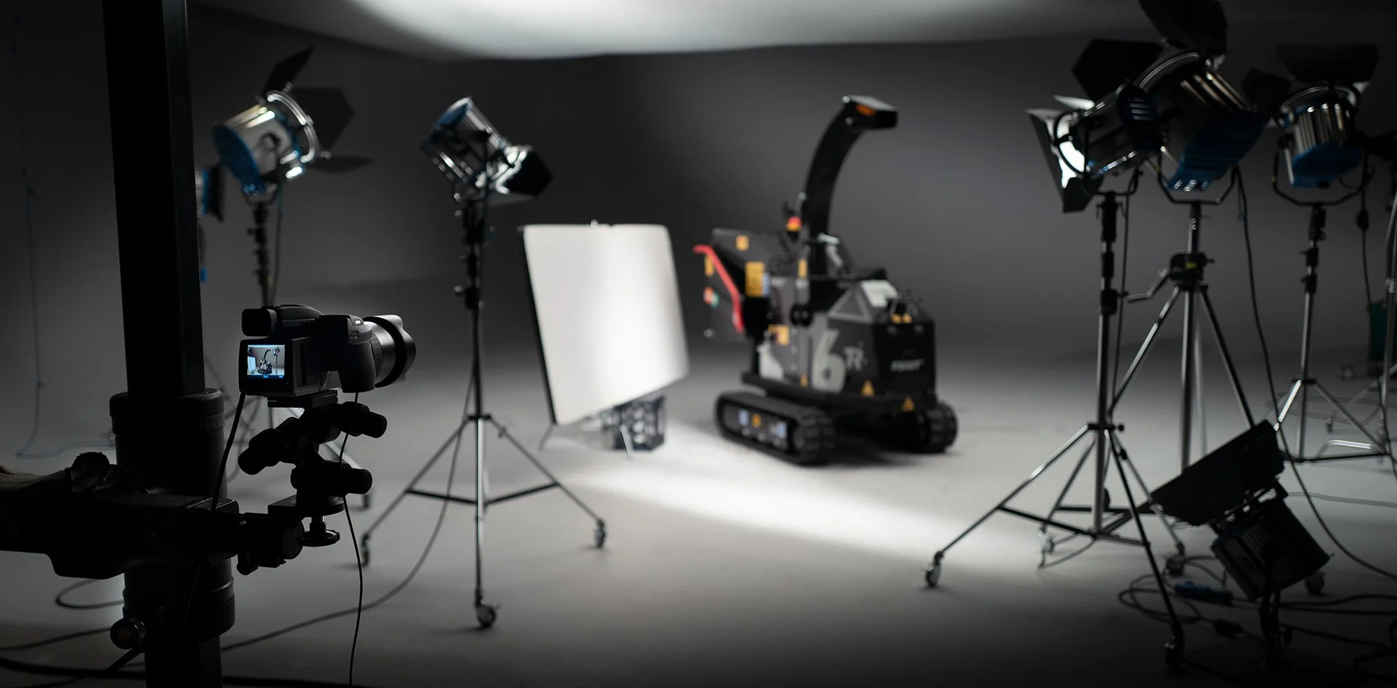 Forst Cadet 6 wood chipper being photographed in studio by transport photographer Tim Wallace showing the behind the scenes of the shoot.