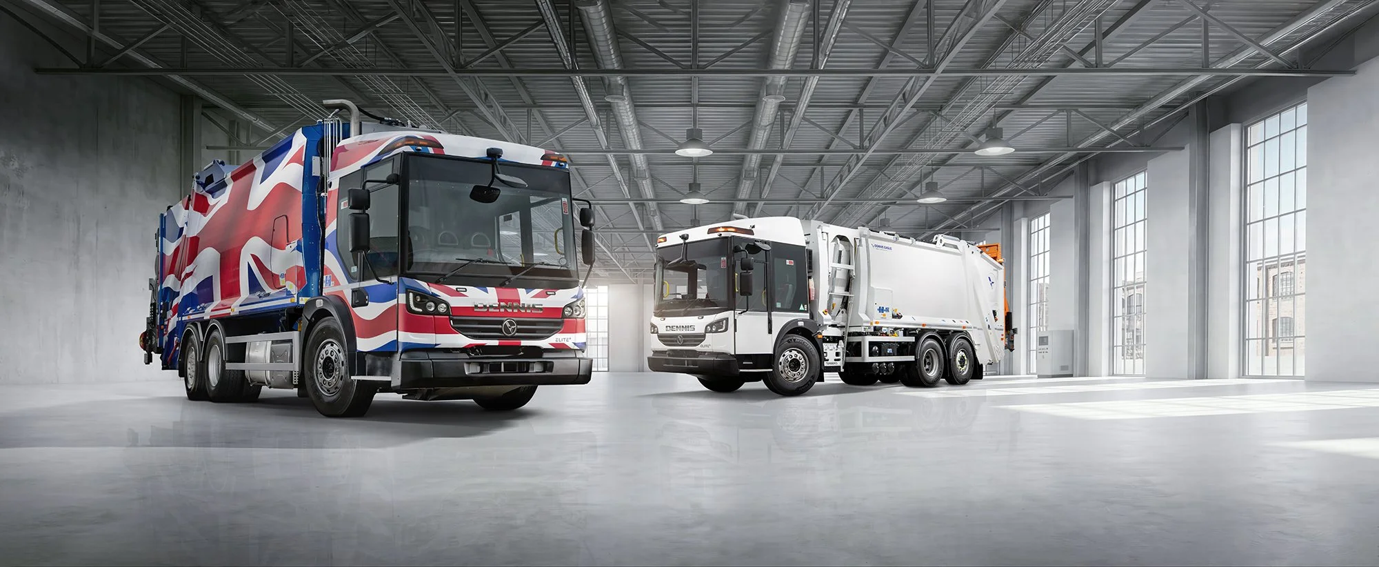 Dennis Eagle truck2 in clean white factory space.