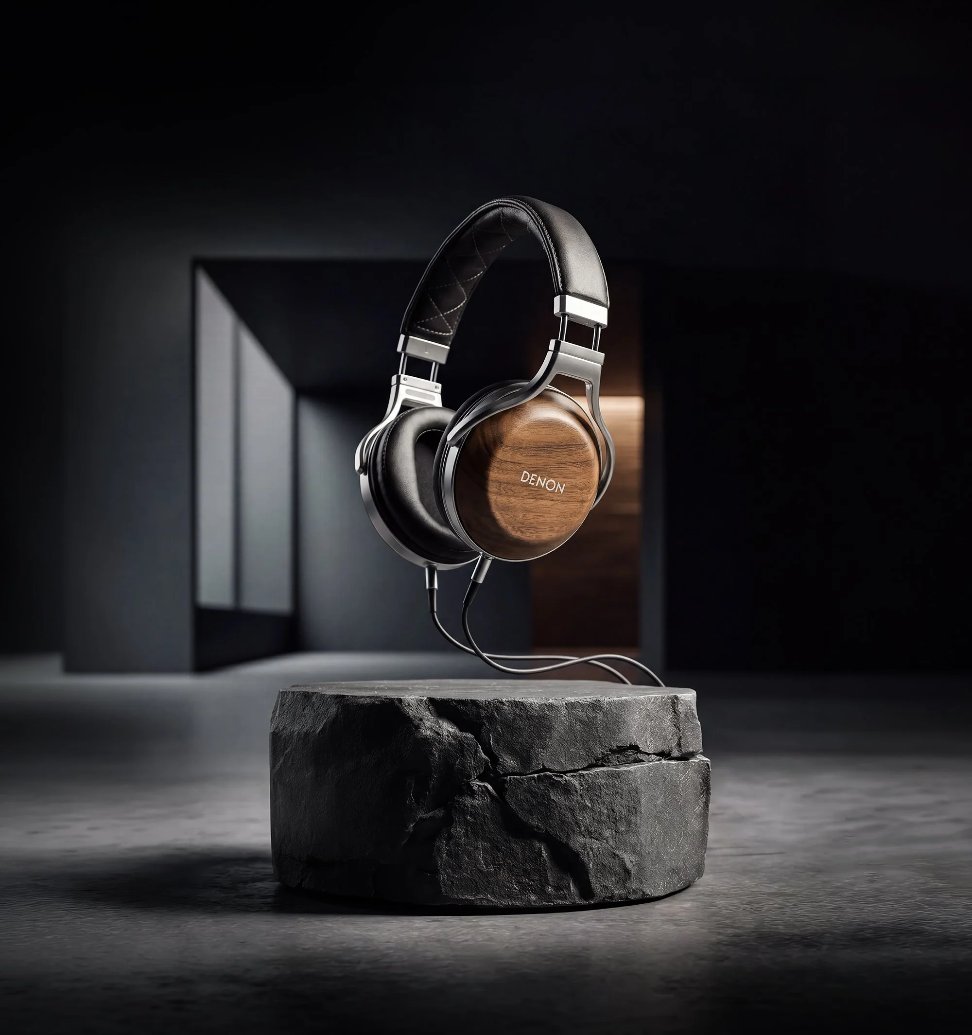 Headphones hanging above stone block