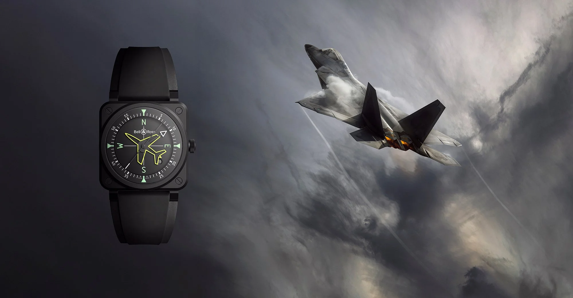 Aviation watch with fast jet in background.