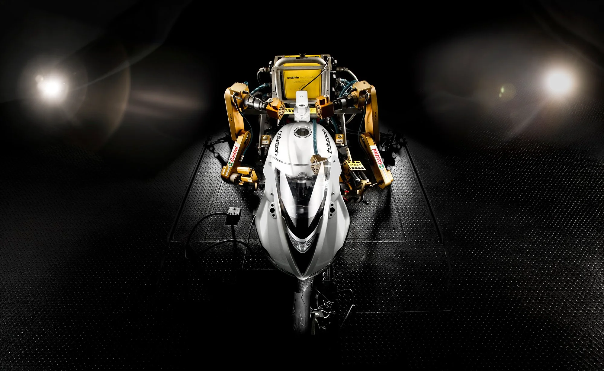 Front view of robot riding a motorcycle