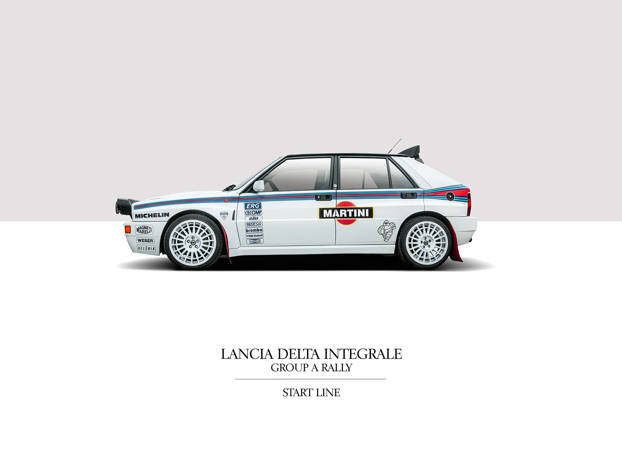 White Lancia Delta rally car, profile view of it against a white and grey background.
