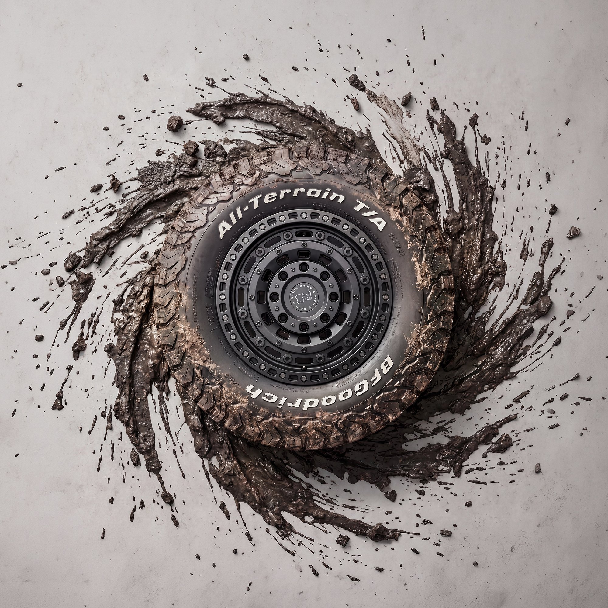 Off road tyre and wheel with mud spiral on floor