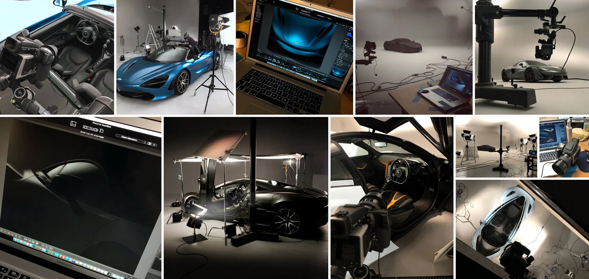 Montage of car photography being shot in studio.