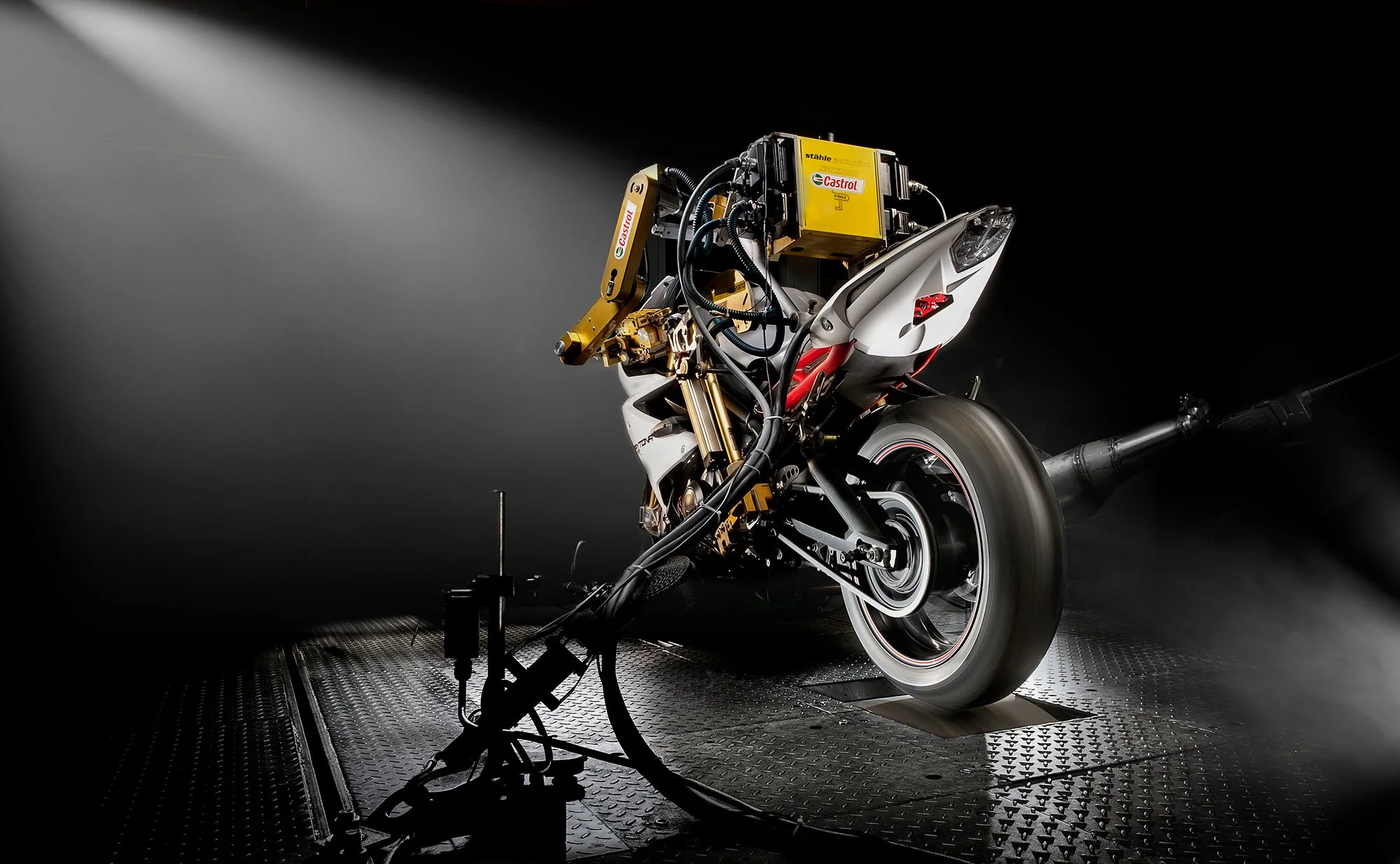 Rear view of a robot riding a motorcycle