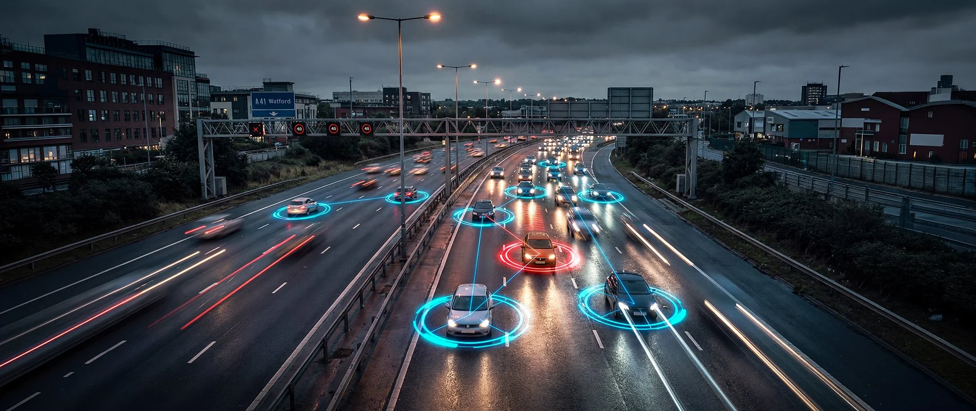 Traffic on a busy road at night.