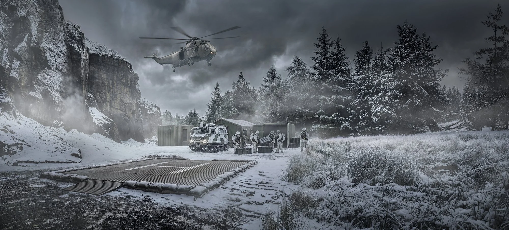 Military helicopter landing at remote site in Norway