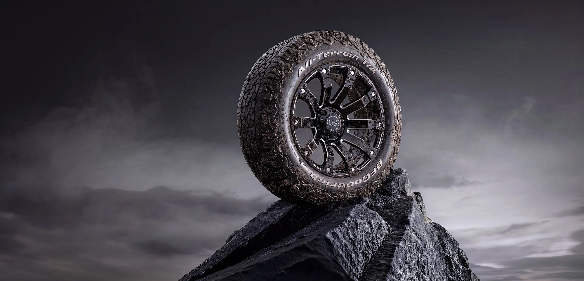 Off road tyre and wheel on rock