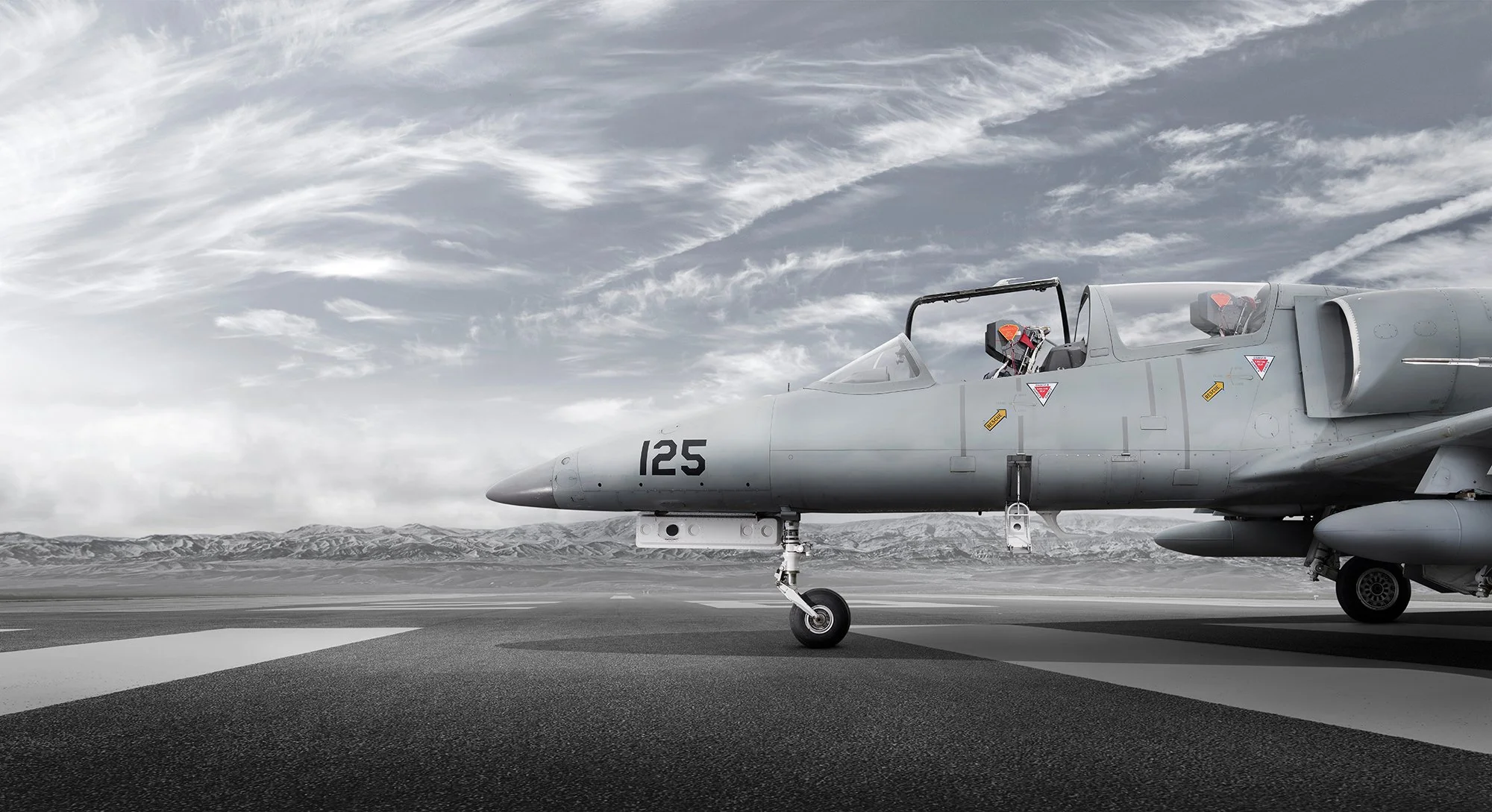 L-39 Albatros profile view on runway with cockpit canopy open.