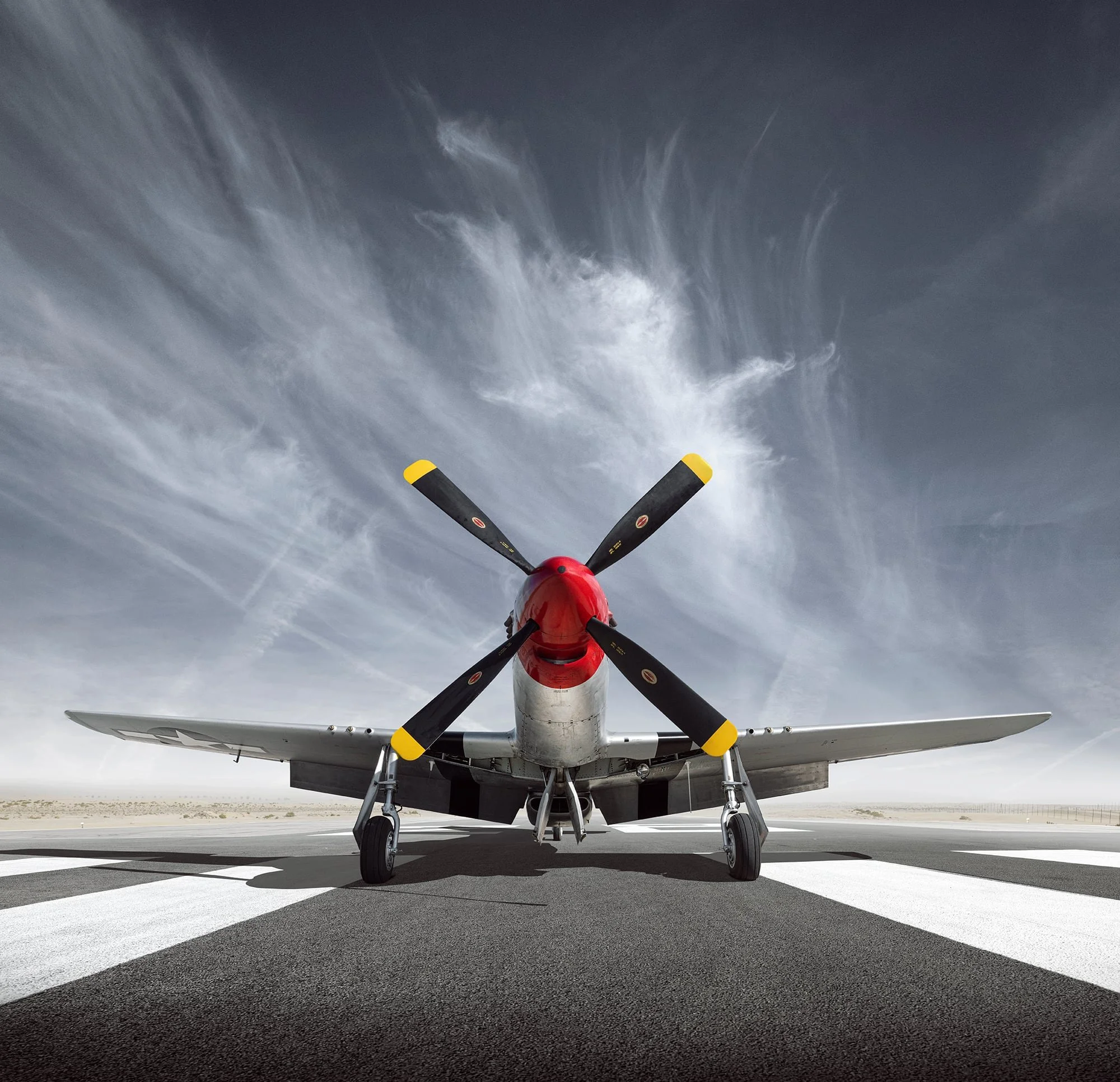 P51 Mustang Warbird, front view on runway.