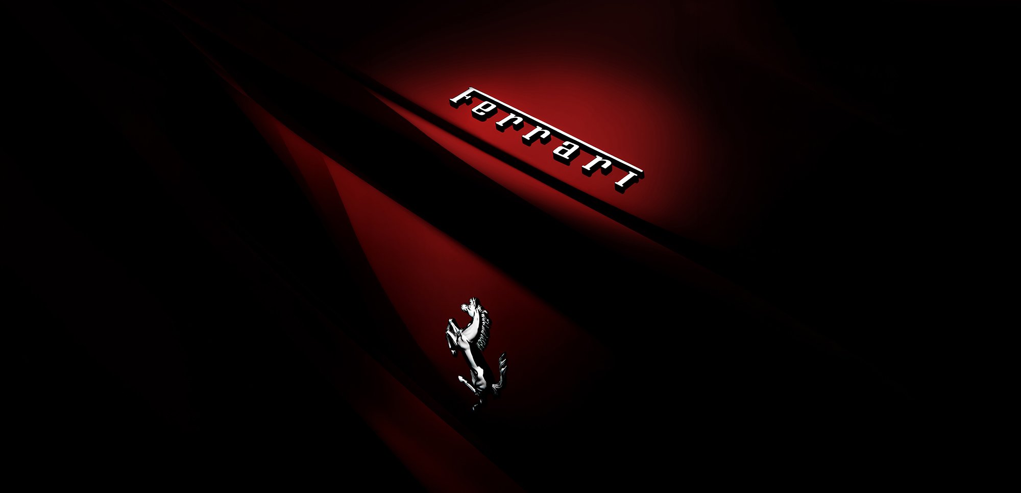 Ferrari red with prancing horse symbol on car.