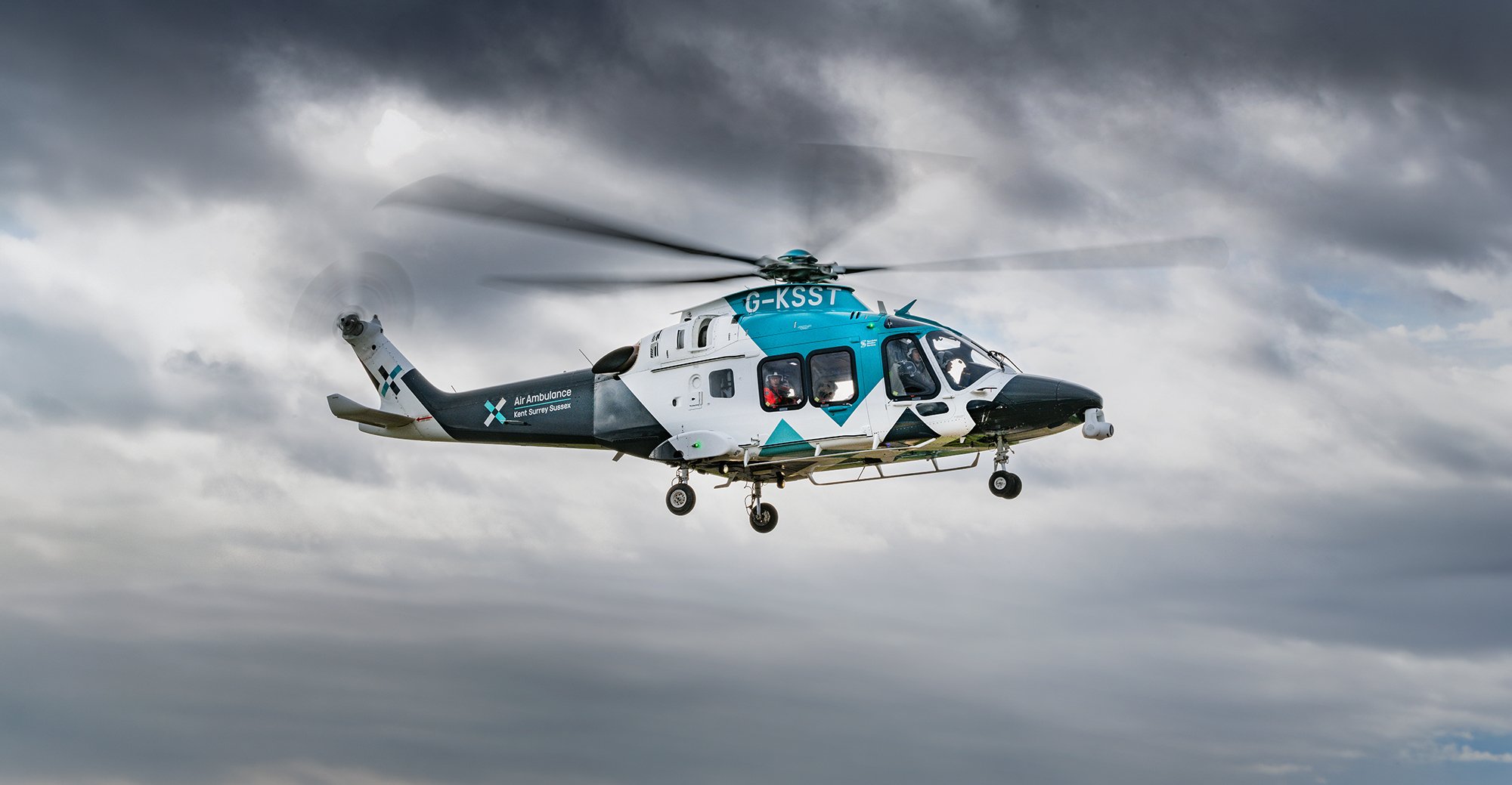 Kent Air Ambulance helicopter in air flying.