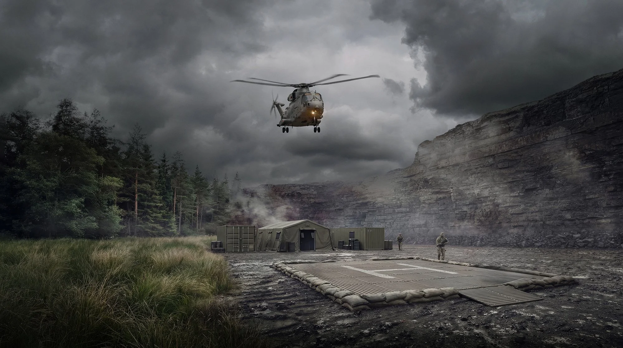 Military helicopter landing at remote site