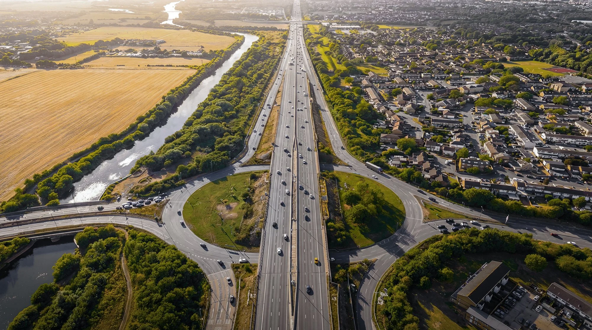 Overhead view of a busy motorway.