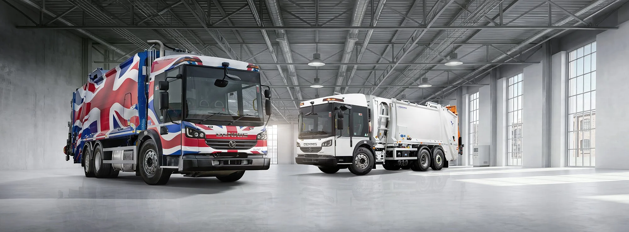 Two Dennis Eagle Elite Plus trucks photography by Tim Wallace.