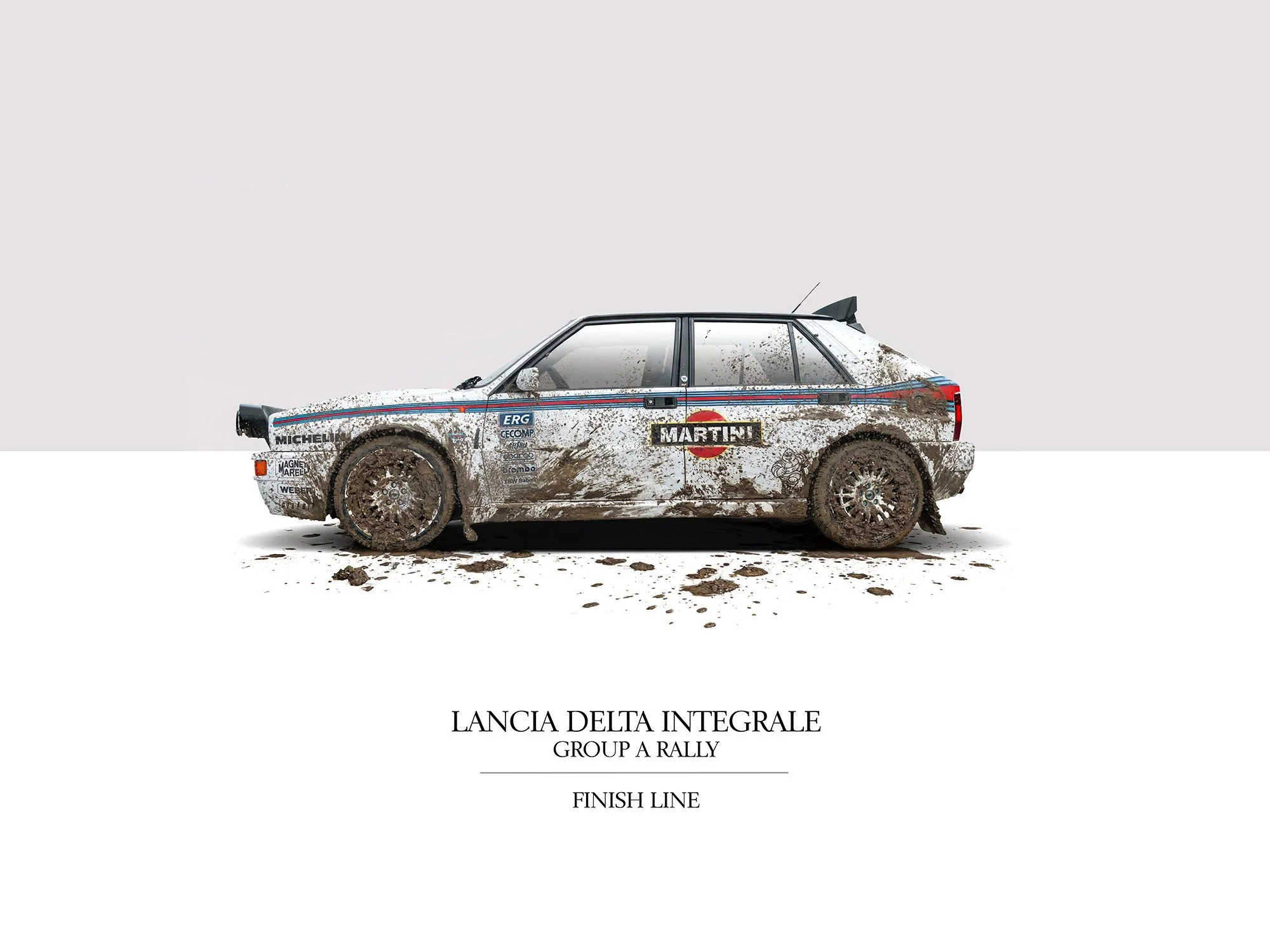 White Lancia Delta rally car covered in mud, profile view of it against a white and grey background.