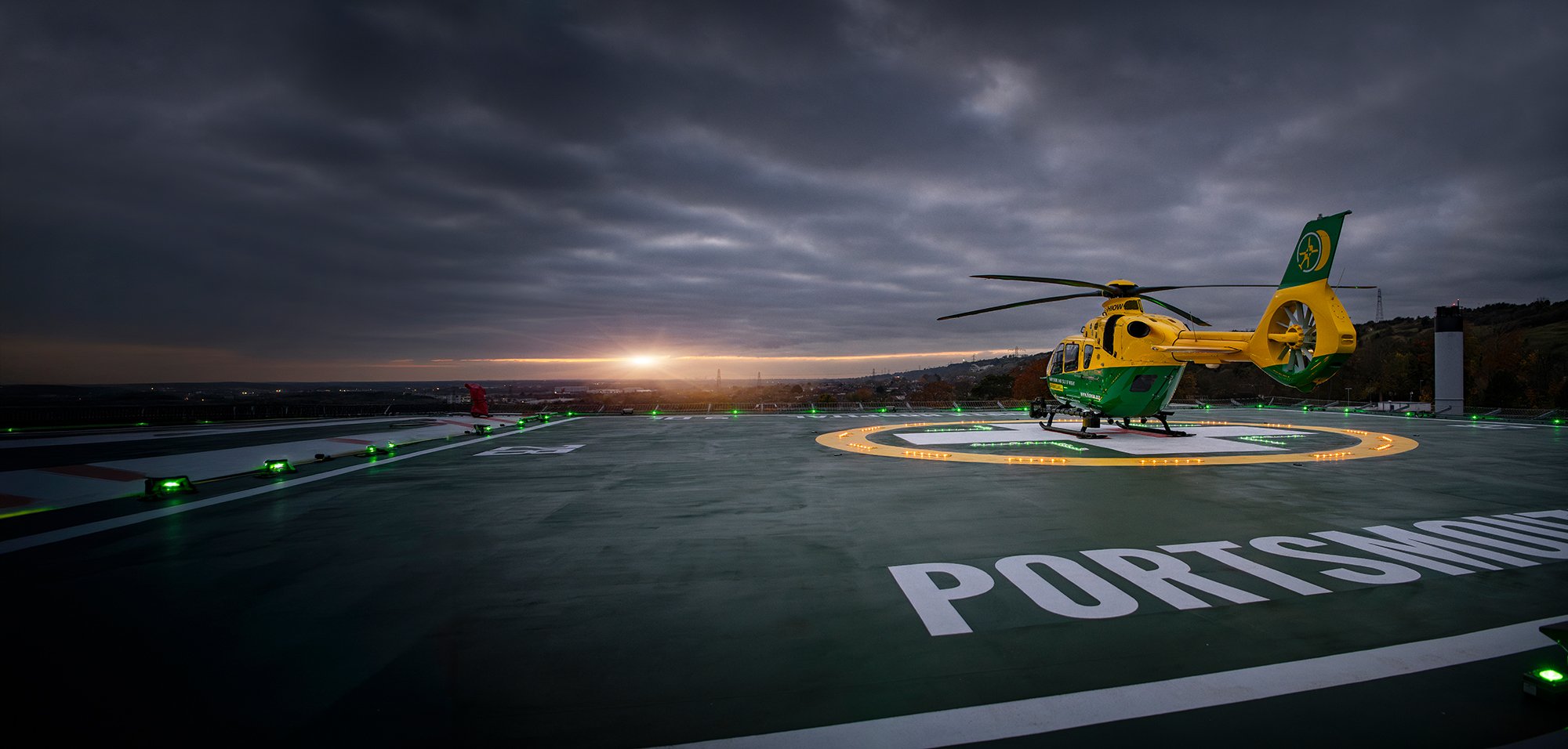 Air Ambulance on Hospital Helipad at dusk