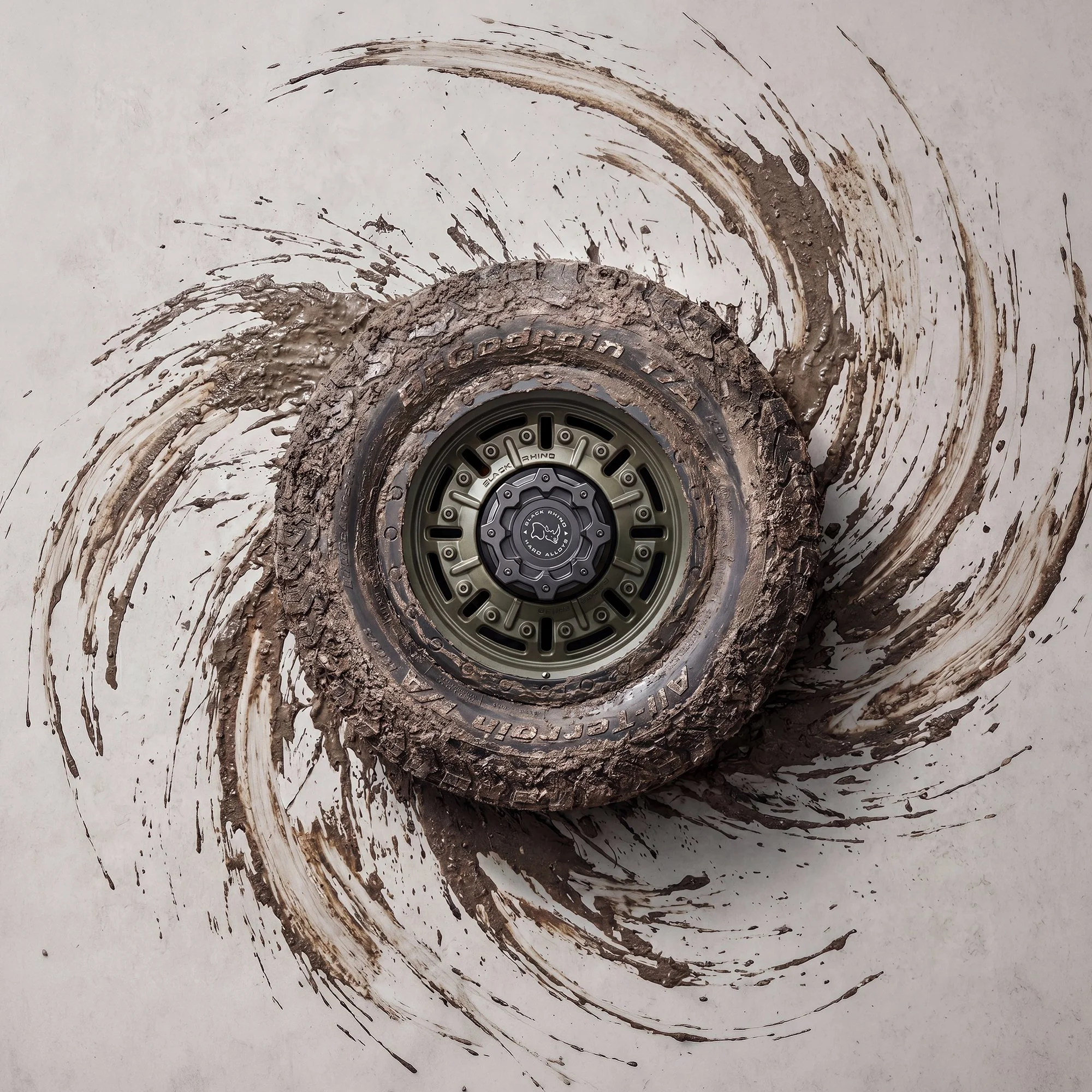 Off road tyre and wheel with mud spiral on floor