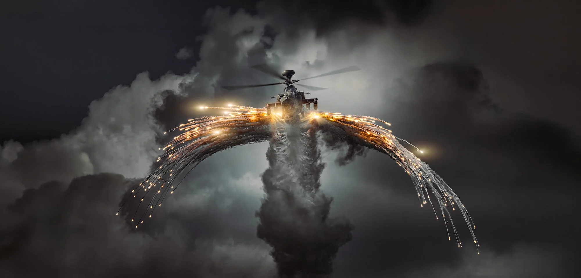Apache helicopter with flares firing out from each side