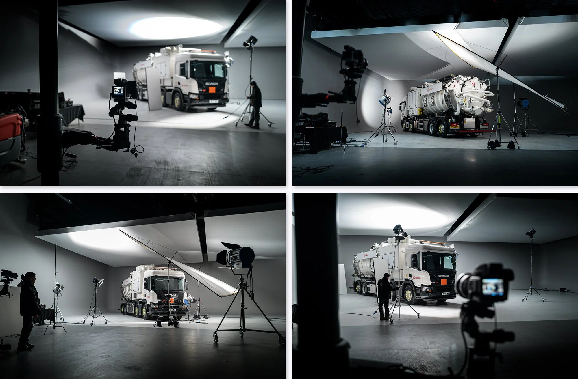 Montage of behind the scenes images of photographer Tim Wallace photographing large DiSab trucks in studio.