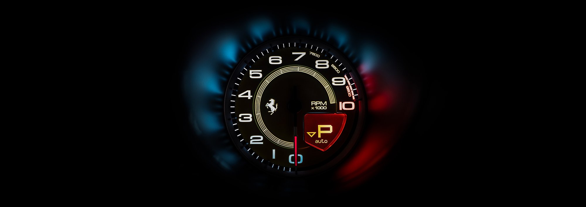 Ferrari Rev counter lit on dashboard.