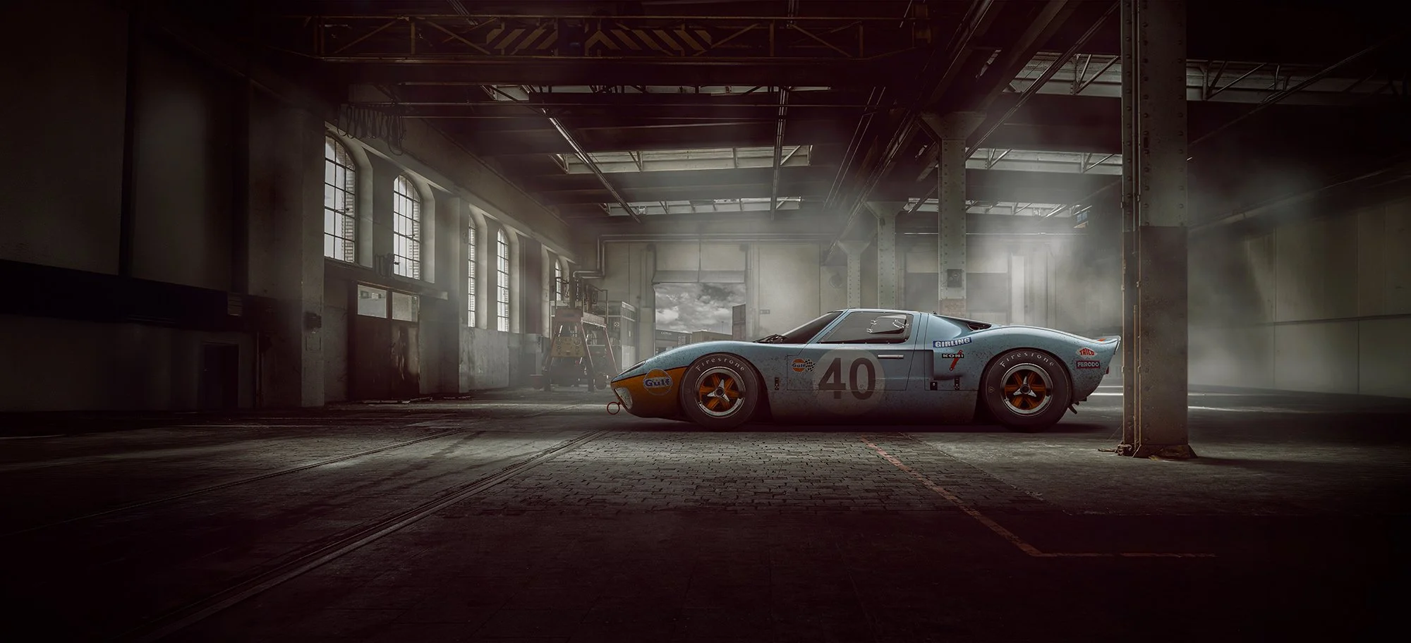 Ford GT classic car side profile view, in an old dark warehouse.