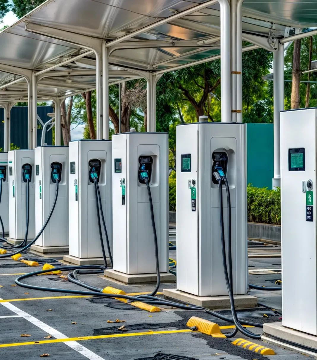 Multiple electric vehicle charging stations under a canopy, with trees in the background.