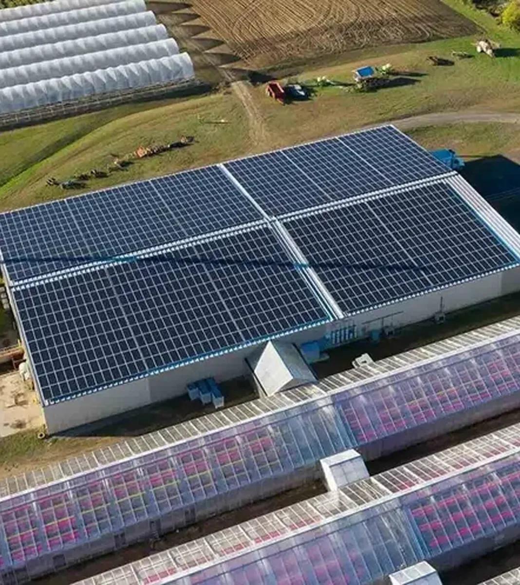 Aerial view of a farm with greenhouses and fields, including solar panels on the roof of a large building.