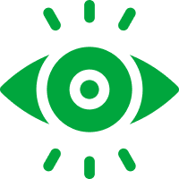A stylized green eye with a circular center and short lines radiating outward from the top and bottom.